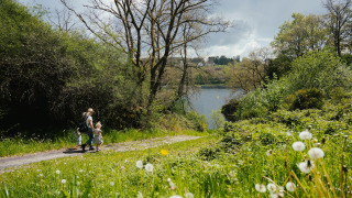Familie spaziert auf einem Pfad im grünen Park bei einem See im Camping Liefrange, Wiltz, Luxemburg.