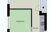 Plan d'une cabane avec salle à manger, chambre, cuisine et rangement au Recreatiepark het Esmeer.