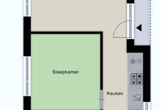 Plan d'une cabane avec salle à manger, chambre, cuisine et rangement au Recreatiepark het Esmeer.