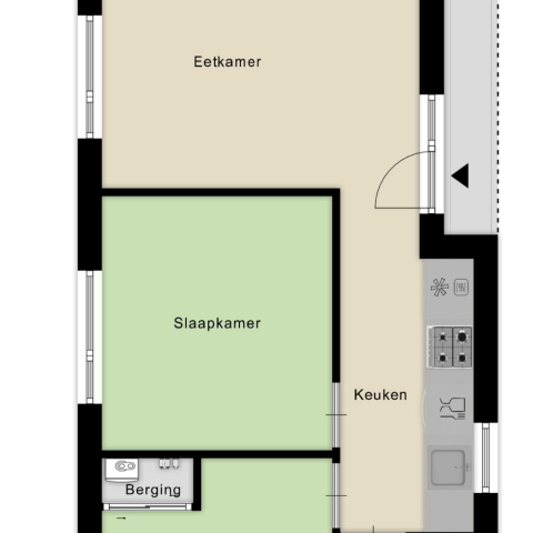 Plattegrond van een lodge met eetkamer, slaapkamer, keuken en berging in Recreatiepark het Esmeer.