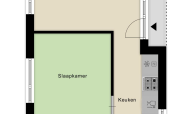 Plattegrond van een lodge met eetruimte, slaapkamer, keuken en berging in Recreatiepark het Esmeer.