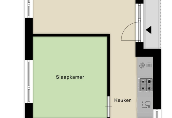 Floor plan of a lodge showing dining room, bedroom, kitchen, and storage at Recreatiepark het Esmeer.