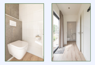 Modern toilet en badkamer in Parklodge 6, Hofparken Wiltershaar, met houten vloer en licht tegelwerk.