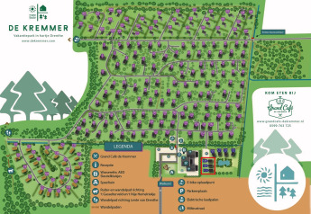 Karte des Ferienparks De Kremmer in Drenthe, Niederlande, mit Tiny Houses und Einrichtungen markiert.