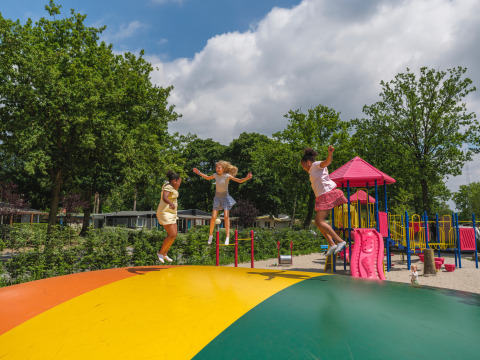 Niños saltando sobre un cojín inflable colorido en el parque de juegos de Holiday park Ackersate, Gelderland, Países Bajos.