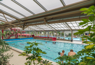 Piscine intérieure avec toboggan et familles au Holiday park Ackersate à Gueldre, Pays-Bas.
