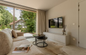 Modern living room at Woodz Lodges with sofa, coffee tables, TV, and large windows overlooking the garden.