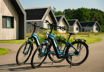 Zwei blaue E-Bikes stehen auf einem Weg vor modernen Holzhütten mit Solarpaneelen in einer grünen Umgebung.