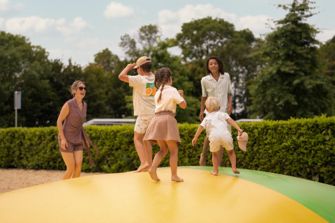 Familias disfrutan jugando al aire libre en un cojín inflable en un lodge, rodeadas de árboles y vegetación.