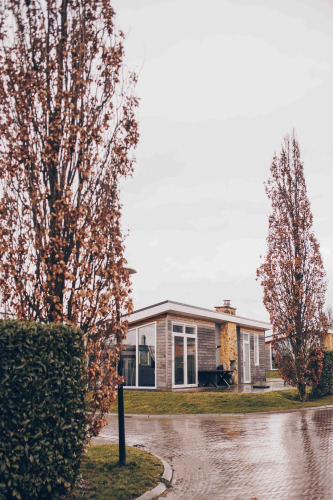 The Biebosch lodge at Resort Mooi Bemelen in the Netherlands, surrounded by tall trees and wet pathways.