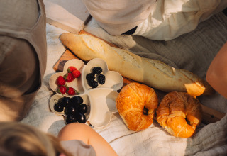 Picknick mit Baguette, Croissants, Beeren und Obst auf Decke im Biebosch - Sunshower, Resort Mooi Bemelen, Niederlande.
