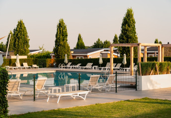 Outdoor swimming pool at a lodge with sun loungers, umbrellas, and tall trees on a sunny day.