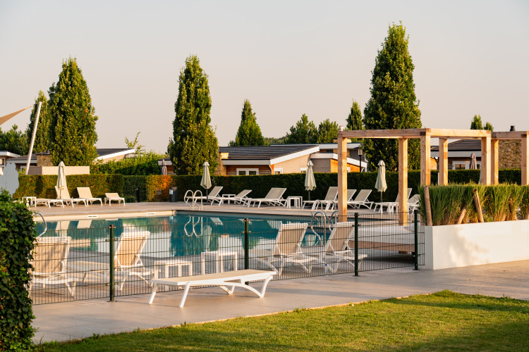 Piscina exterior en un lodge con tumbonas, sombrillas y árboles altos en un día soleado.