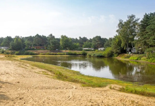 Camping GT Keiheuvel: View of a sandy beach and lake surrounded by forest, holiday park in Antwerp, Belgium.