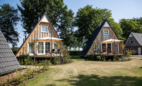 Vakantiehuisjes met puntdaken op Hof van Salland in Overijssel, Nederland, omgeven door groen en zon.