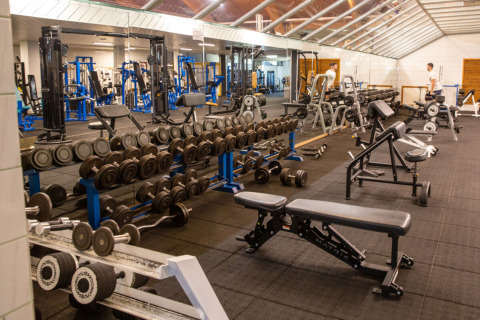 Sportschool met halters, banken en fitnessapparatuur bij Camping GT Keiheuvel vakantiepark in Antwerpen.