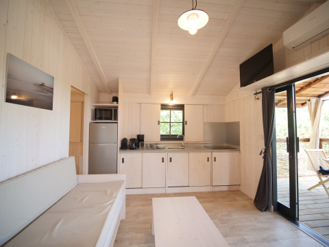 Helles, modernes Lodge-Interieur mit Küchenzeile, Sofa, Tisch, TV, Klimaanlage und Terrasse.