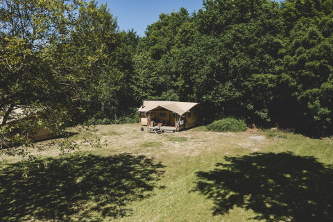 Tienda safari Glamping tent La Vida en Resort de Parel, Países Bajos, entre árboles y naturaleza verde.