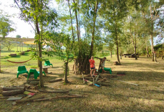 Bambini che giocano all'aperto tra alberi e tronchi al Camping Suasa nelle Marche, Italia, immersi nella natura.