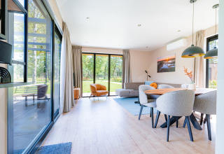 Lichte, moderne woonkamer in Vakantievilla Amalia 6 met grote ramen en uitzicht op het groene park.