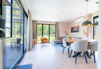 Helles, modernes Wohnzimmer in der Vakantievilla Amalia 6 mit großen Fenstern und Blick ins Grüne.