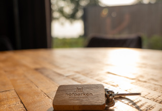 Sleutel met Hofparken De Bergvennen sleutelhanger op houten tafel in Vakantievilla Amalia 6 bij avondzon.