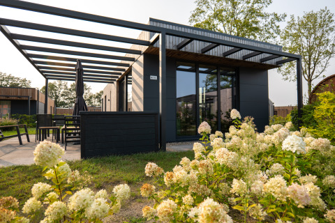 Moderne vakantievilla met terras, tuinmeubilair en bloeiende bloemen bij Hofparken De Bergvennen in Nederland.