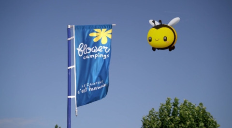 Flower Campings vlag en een grote bijenkite boven de bomen in een vakantiepark in Frankrijk.