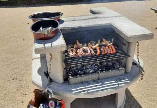 Grill im Freien mit Fleisch und Würstchen über Holzkohle, sonniger Tag auf Campingplatz in Pays de la Loire.