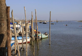Bateaux amarrés à des pontons en bois dans un port pittoresque au Flower Camping Le Pré des Sables.