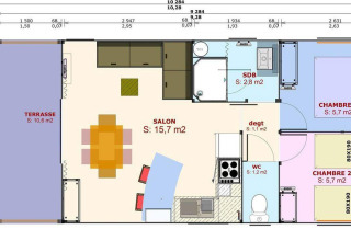 Plattegrond van Cabane lodge Sweet Flower Premium met terras, salon, keuken, badkamer en twee slaapkamers.