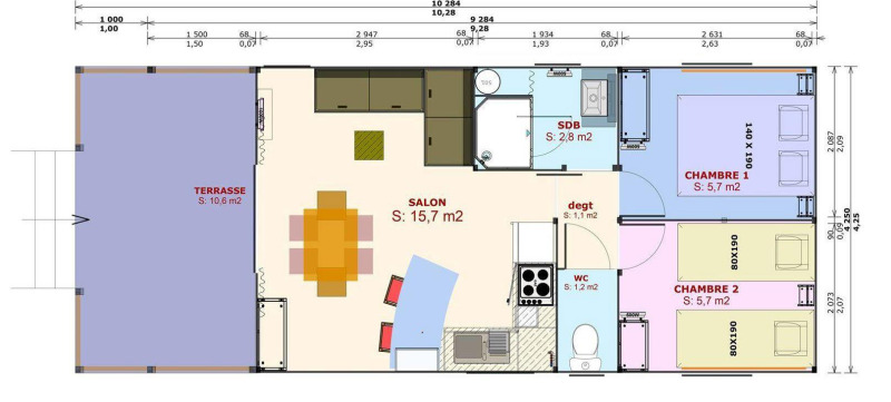 Plattegrond van Cabane lodge Sweet Flower Premium met terras, salon, keuken, badkamer en twee slaapkamers.