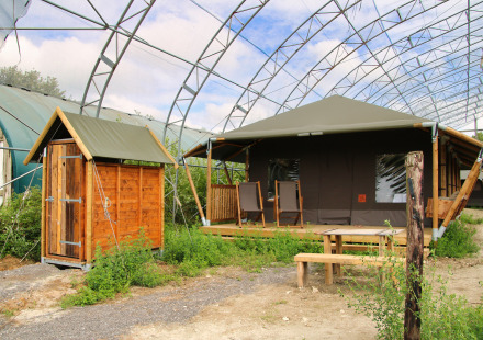 Glampinglocatie bij Feather Down Ecuries de Gapennes in Hauts-de-France met houten hut, tent en zitgedeelte.
