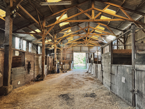 Interior view of a rustic horse stable at Feather Down Ecuries de Gapennes holiday park in Hauts-de-France, France.