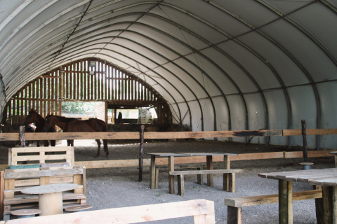 Interieur van een schuur bij Feather Down Ecuries de Gapennes met paarden, tafels en banken in Frankrijk.
