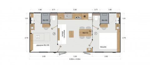 Plantegning af Stacaravan Premium mobilhome på Flower Camping Le Pré des Sables, viser indretning og mål.