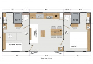 Plantegning af Stacaravan Premium mobilhome på Flower Camping Le Pré des Sables, viser indretning og mål.