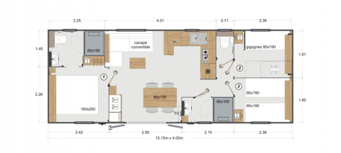 Plantegning af Stacaravan Premium mobilhome ved Flower Camping Le Pré des Sables i Frankrig, med mål.