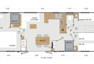 Plantegning af Stacaravan Premium mobilhome ved Flower Camping Le Pré des Sables i Frankrig, med mål.