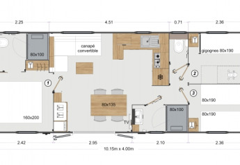 Plantegning af Stacaravan Premium mobilhome ved Flower Camping Le Pré des Sables i Frankrig, med mål.