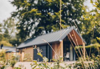 Photo de la tiny house Tiny Loft avec bain à remous à Veluwepark de Bosgraaf, Pays-Bas, entourée de verdure.