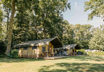 Safari-telt på Recreation Park Den Blanken i Holland med træer og græsplæne på en solskinsdag.