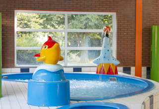 Indoor children’s pool with colorful water play structures, including a yellow fish, at Safarilodge Impala, IJsselhof.