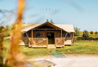 Tenda safari Safarilodge Impala al Vakantiepark IJsselhof nei Paesi Bassi, immersa nella natura verde.