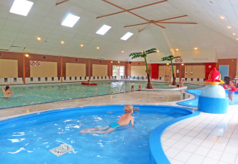 Piscina coperta con bambini, decorazioni di palme tropicali e area bassa al Vakantiepark IJsselhof.