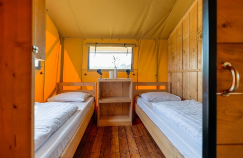 Vue intérieure de la tente safari Safarilodge Gazelle avec deux lits simples au Vakantiepark IJsselhof, Pays-Bas.
