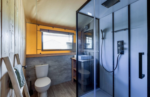 Baño moderno en Safarilodge Gazelle en Vakantiepark IJsselhof con ducha, inodoro y lavabo.