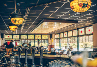 Bar chaleureux avec luminaires et vitraux au Loevestein Deluxe & Sauna dans le parc Veluwepark de Bosgraaf.