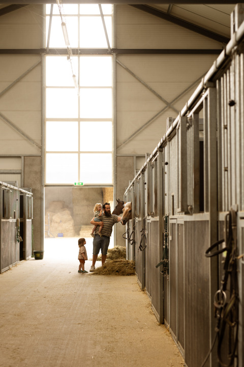 Un père avec deux enfants nourrit un cheval dans une écurie au Feather Down Het Keelven, parc de vacances en Brabant-Septentrional, Pays-Bas.
