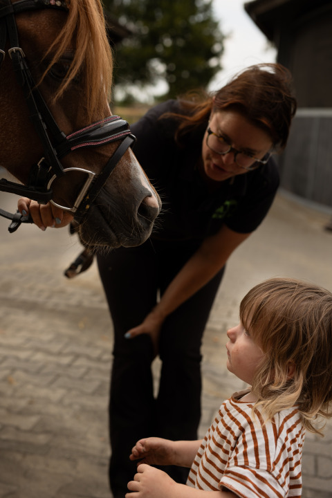 Een kind in gestreept shirt ontmoet een paard, terwijl een vrouw toekijkt bij Feather Down Het Keelven.